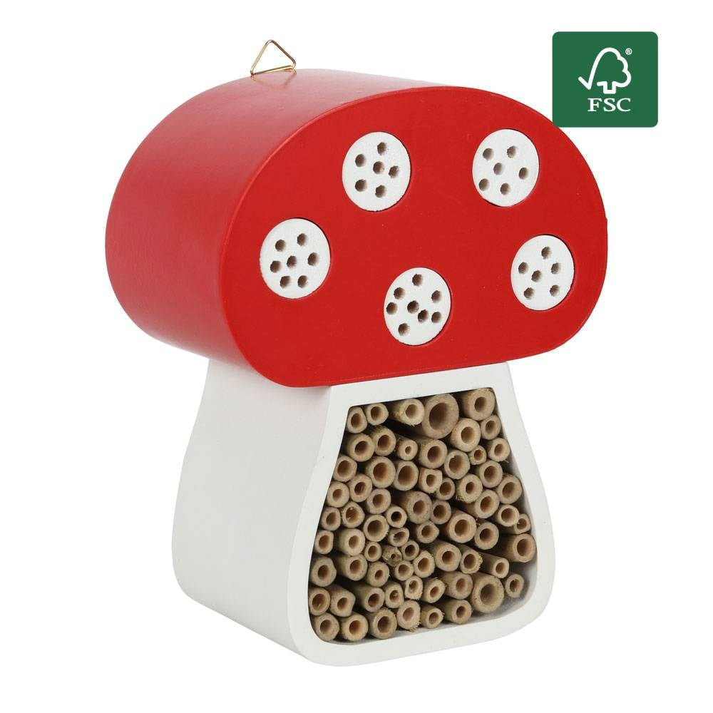 wooden Toadstool shaped bee and bug hotel house, certified