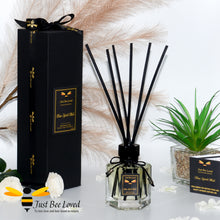 Load image into Gallery viewer, Luxury hexagon shaped rattan reed diffuser with long black reeds. Fragrance Blue Spirit Mist