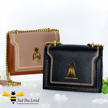Load image into Gallery viewer, Luxury vegan leather handbags in black and brown with large gold bee decoration