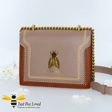 Load image into Gallery viewer, faux leather two tone brown handbag with gold bee decoration