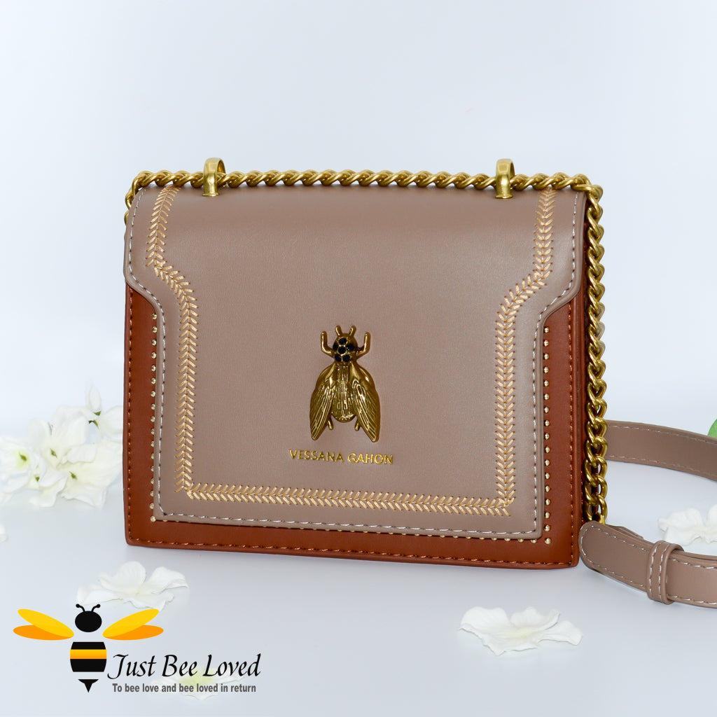 faux leather two tone brown handbag with gold bee decoration