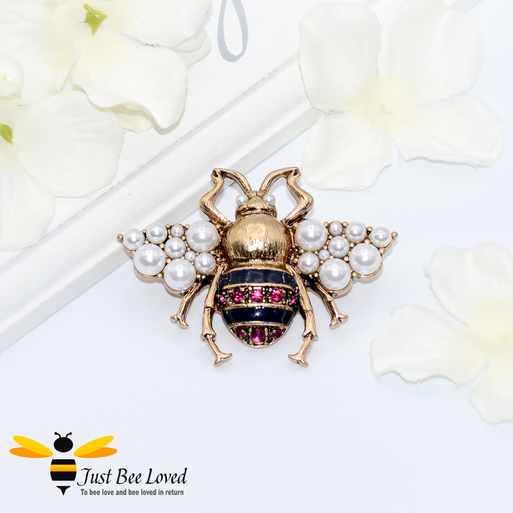 Red Rhinestone crystals and Pearls Vintage Bee Brooch 