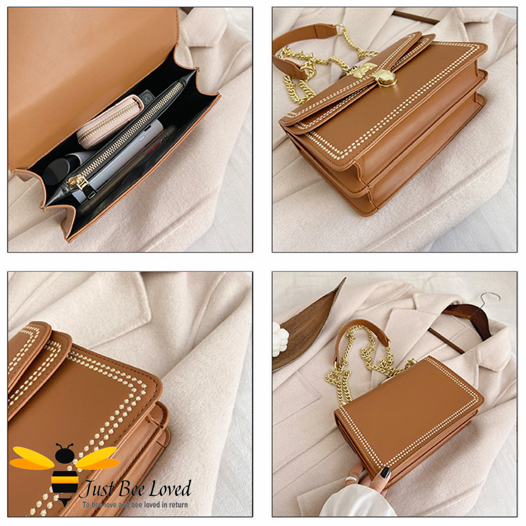 Brown vegan leather evening handbag with a gold bee