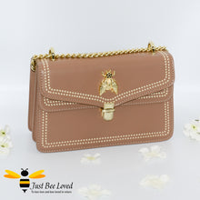 Load image into Gallery viewer, Taupe vegan leather evening handbag with embroidery edged stitching and large gold bee embellishment