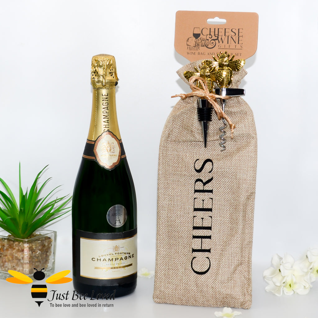 hessian bottle cover bag complete with brass bee stopper & matching corkscrew.