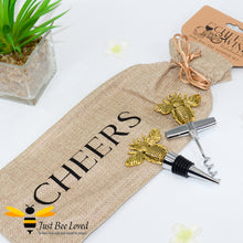 Load image into Gallery viewer, hessian bottle cover bag complete with brass bee stopper &amp; matching corkscrew.