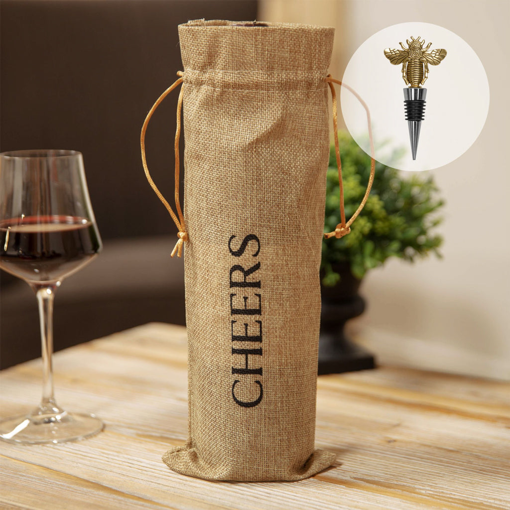hessian bottle cover bag complete with brass bee stopper 