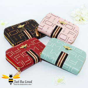 RFID card holder faux leather bumble bee wallet purses in brown, green, red, pink colours