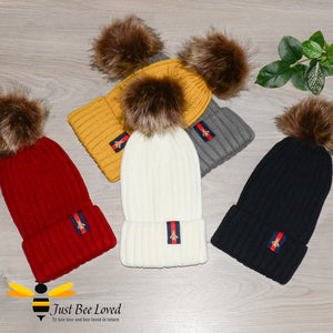 ribbed knit hats featuring a faux fur pom pom with embroidered bumblebee tab on rim