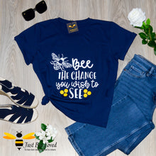 Load image into Gallery viewer, Women&#39;s navy blue cotton crew neck T-shirt with Mahatma Gandhi quote &quot;Be the change you want to see&quot; with a bumblebee design