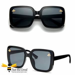 oversized retro styled square sunglasses featuring sweet gold bees on each lens in black colour