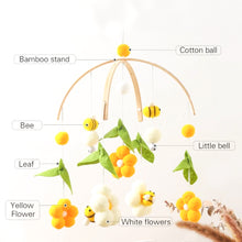 Load image into Gallery viewer, Honey bees flowers cot mobile with wooden mount stand