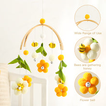 Load image into Gallery viewer, Honey bees flowers cot mobile with wooden mount stand