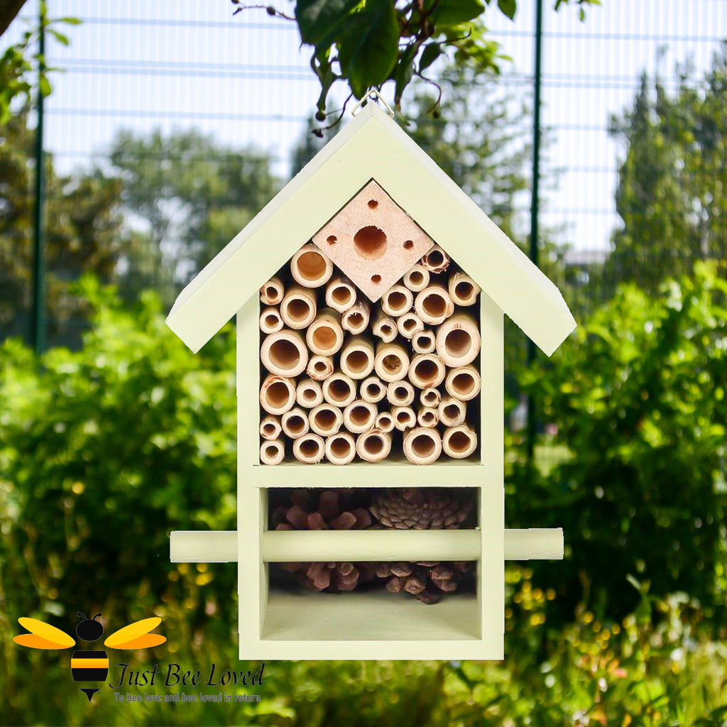 Wooden Bee and bug hotel house for garden certified by the Forest Sustainability Council