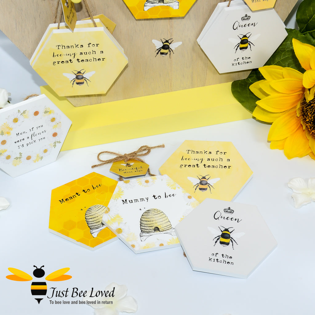Wooden mini hanging signs with bee-themed decorations, featuring various messages such as 'Mummy to Bee', 'Queen Bee of the Kitchen', 'Thanks for bee-ing a great teacher' and 'Meant to Bee'.