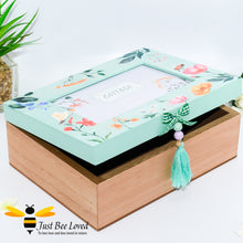 Load image into Gallery viewer, Large wooden keepsake box with integrated photo display within lid, painted flowers, bees and butterflies
