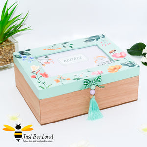 Large wooden keepsake box with integrated photo display within lid, painted flowers, bees and butterflies