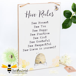 Large Wooden Bee "Hive Rules" Sign