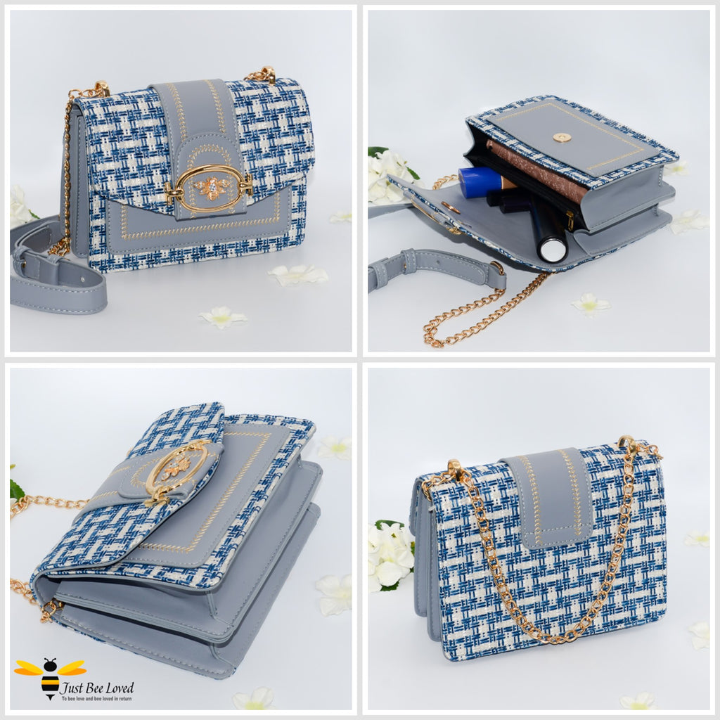 gallery of a woven faux leather handbag with gold bee decoration in blue colour