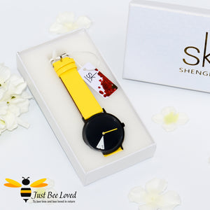 SHENGKE SINOBI Liberty Futuristic Ladies Leather Wrist Watch with Yellow band and Black watch face