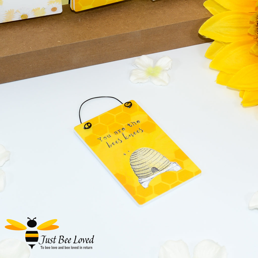 Bee themed wooden mini sign card with bee related message 'You are the bees knees.'