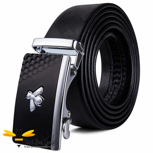 Men's Automatic Ratchet Black leather belt with silver bee buckle 