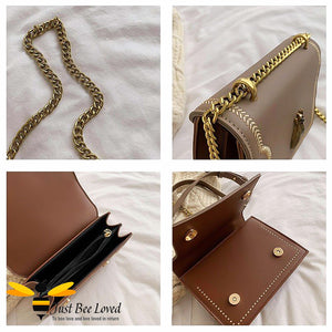 PU leather two tone brown handbag featuring a large gold bee embellishment