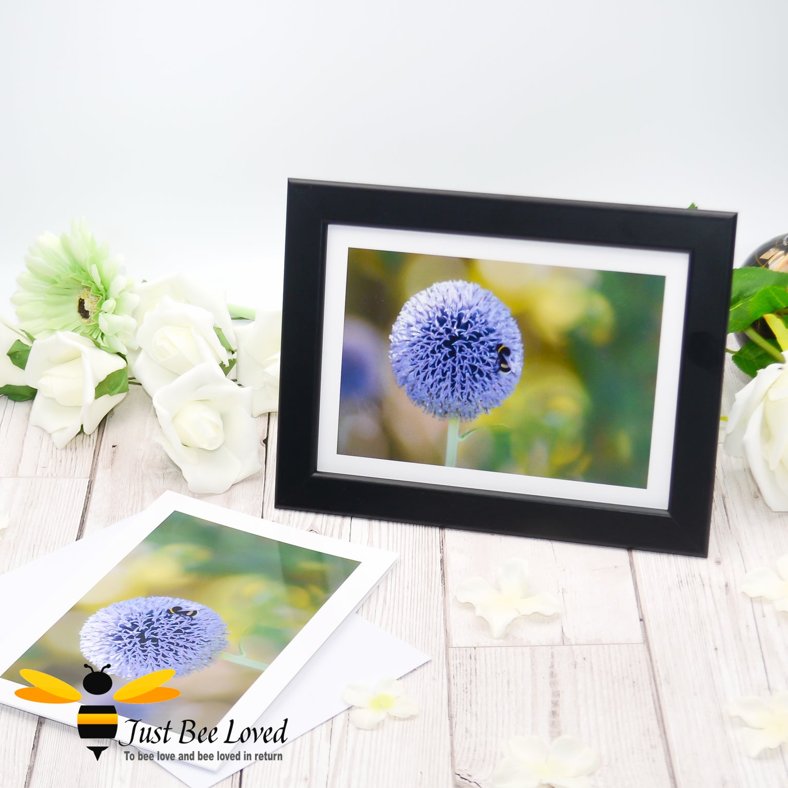 a framed photographic greeting card featuring an image of a white tailed bumblebee on a globe thistle flower.