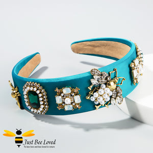 handmade baroque blue velvet headband embellished with rhinestone crystals, pearls and golden bees