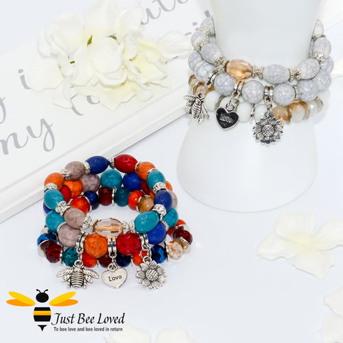 Bohemian gypsy styled 3-layer stack beaded bracelet featuring bee, love-heart and sunflower charms