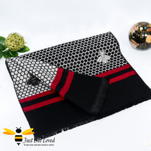Load image into Gallery viewer, faux cashmere black red scarf with honeycomb and bee print