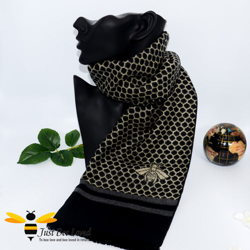 men's faux cashmere scarf with honeycomb and bee design in black and beige