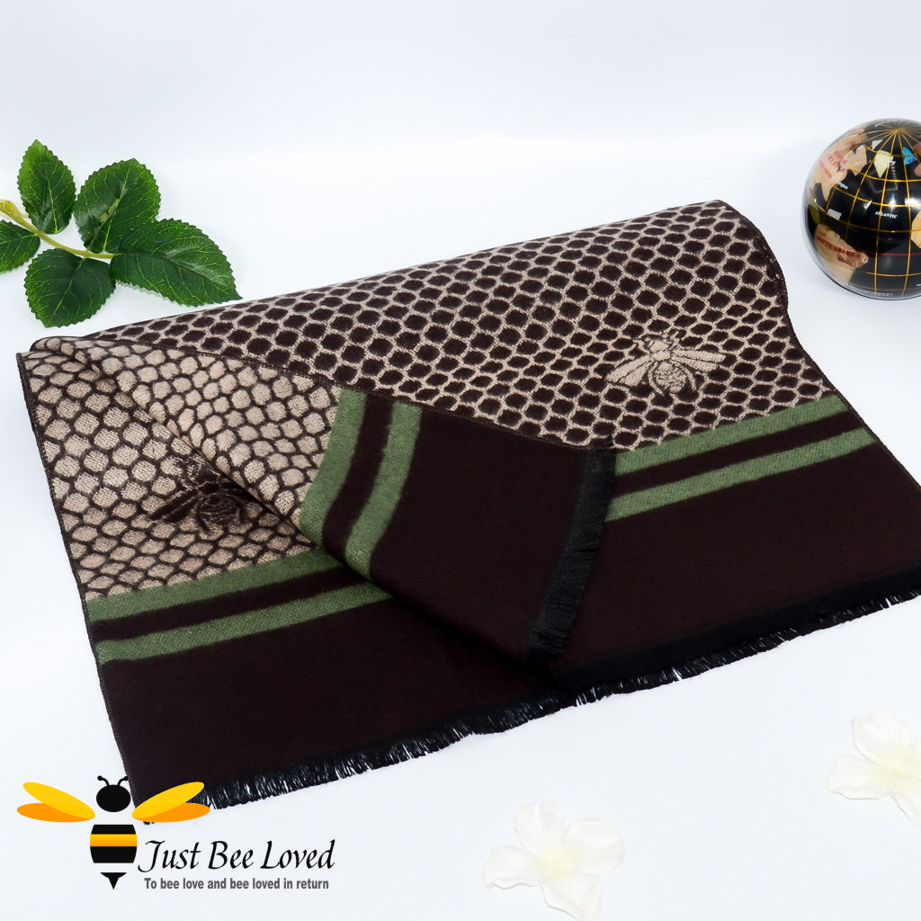 men's faux cashmere green brown honeycomb bee scarf