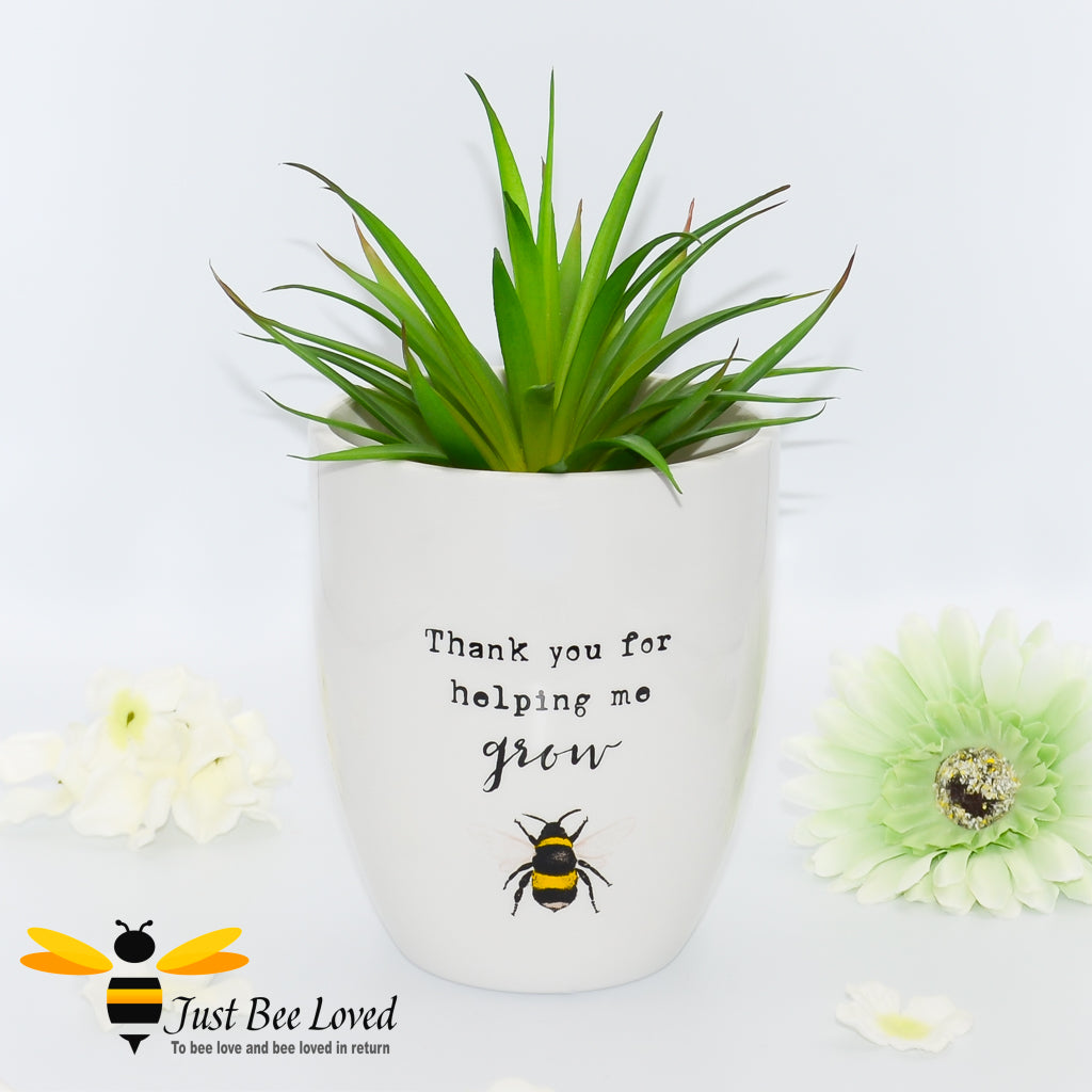  ceramic indoor plant pot, bumblebee illustration, "thank you for helping me grow" text.