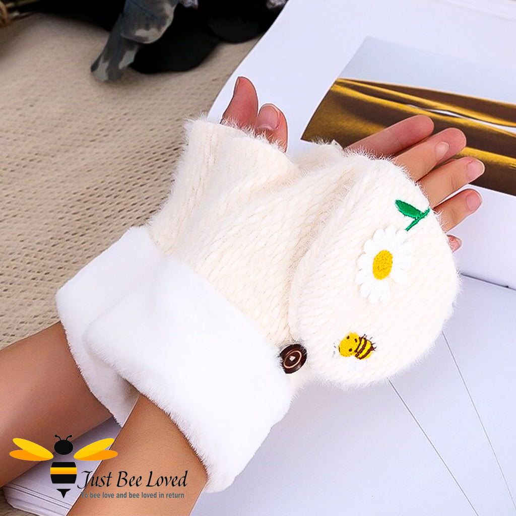 plush woollen convertible mitten gloves with bee & daisy embroidery in cream colour