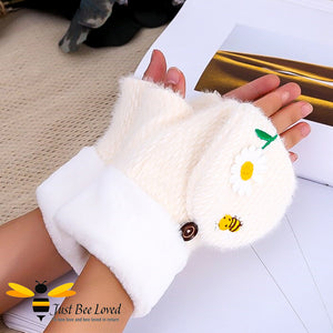 plush woollen convertible mitten gloves with cute bee & daisy embroidery in cream colour