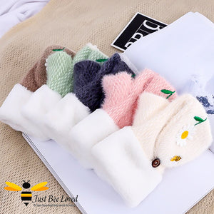 plush woollen convertible mitten gloves with cute bee & daisy embroidery in a variety of colours