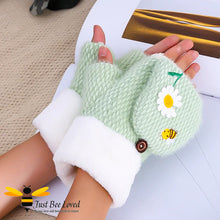Load image into Gallery viewer, plush woollen convertible mitten gloves with cute bee &amp; daisy embroidery in green colour