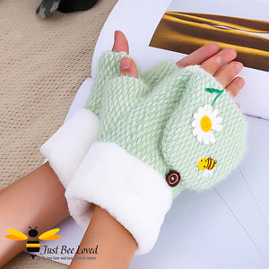 plush woollen convertible mitten gloves with cute bee & daisy embroidery in green colour