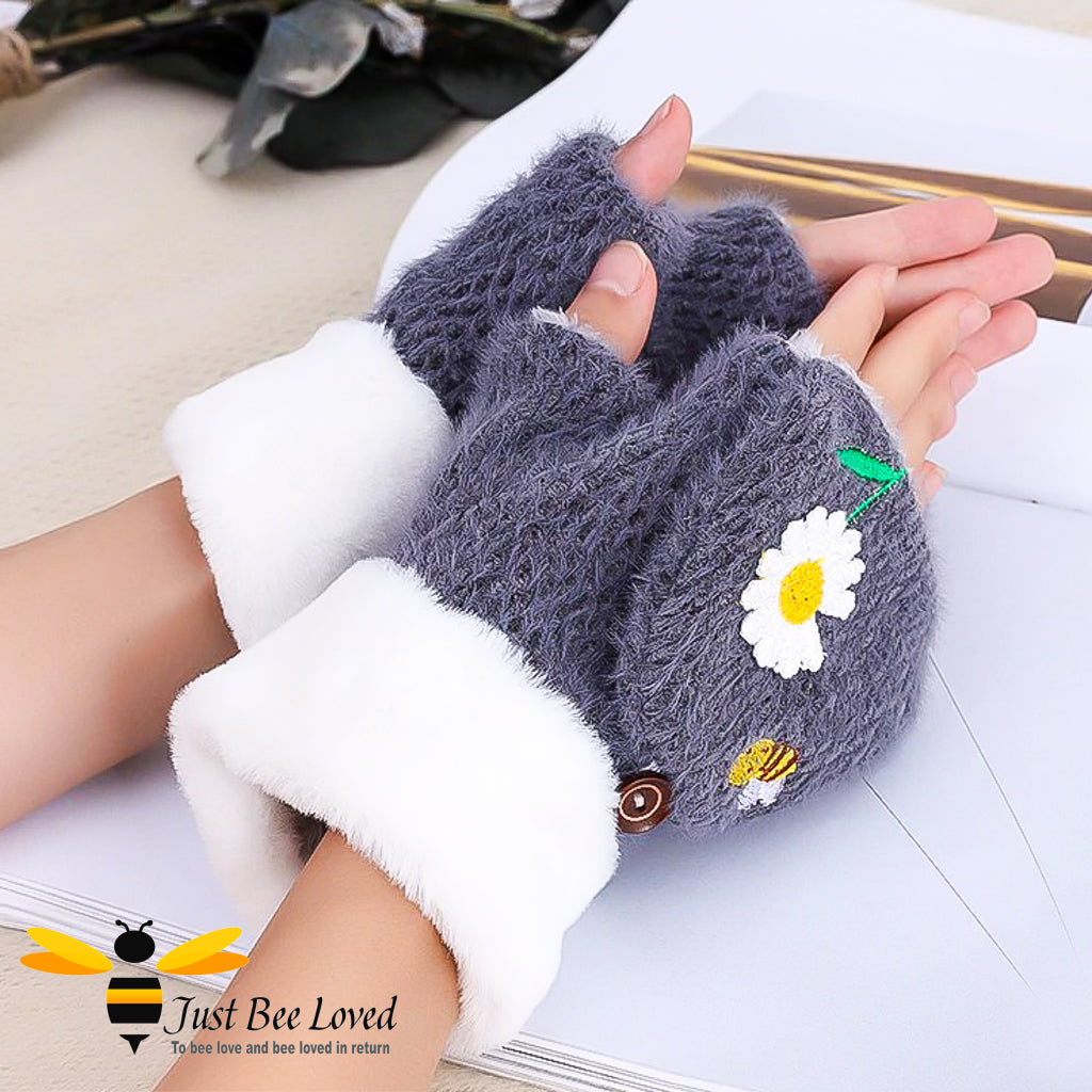 plush woollen convertible mitten gloves with bee & daisy embroidery in grey colour