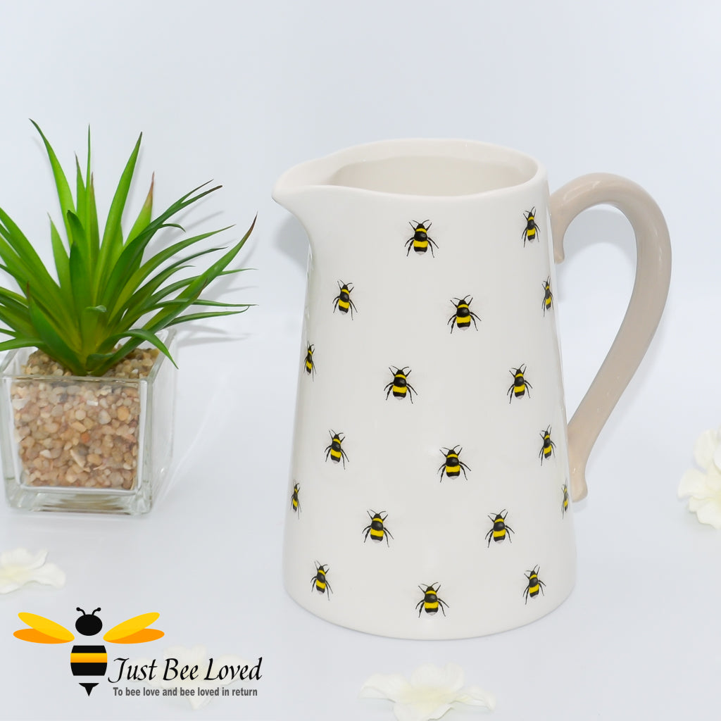 ceramic flower vase jug with bees pattern and beige handle