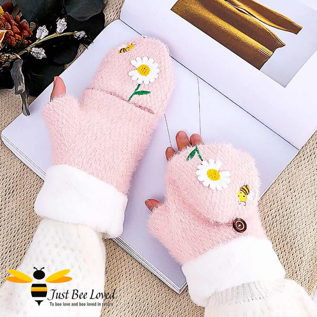 plush woollen convertible mitten gloves with bee & daisy embroidery in pastel pink colour