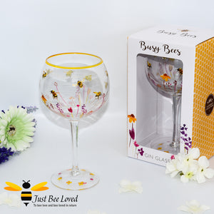  tall stemmed balloon gin glass decorated with bumble bees in a field of flowers from the Jennifer Rose Collection