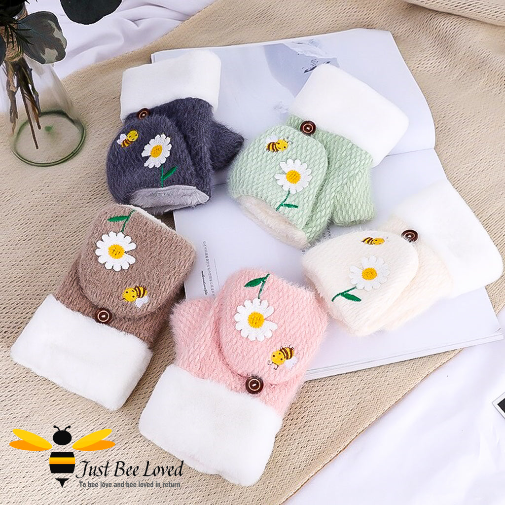 plush woollen convertible mitten gloves with bee & daisy embroidery