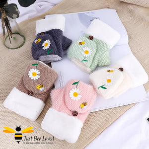 plush woollen convertible mitten gloves with cute bee & daisy embroidery