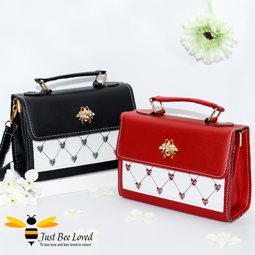 Crystal gold bee embellished small pu leather handbag with embroidery patterned love hearts