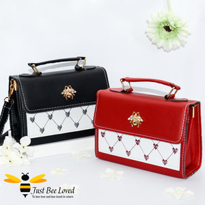 Crystal gold bee embellished small pu leather handbag with embroidery patterned love hearts