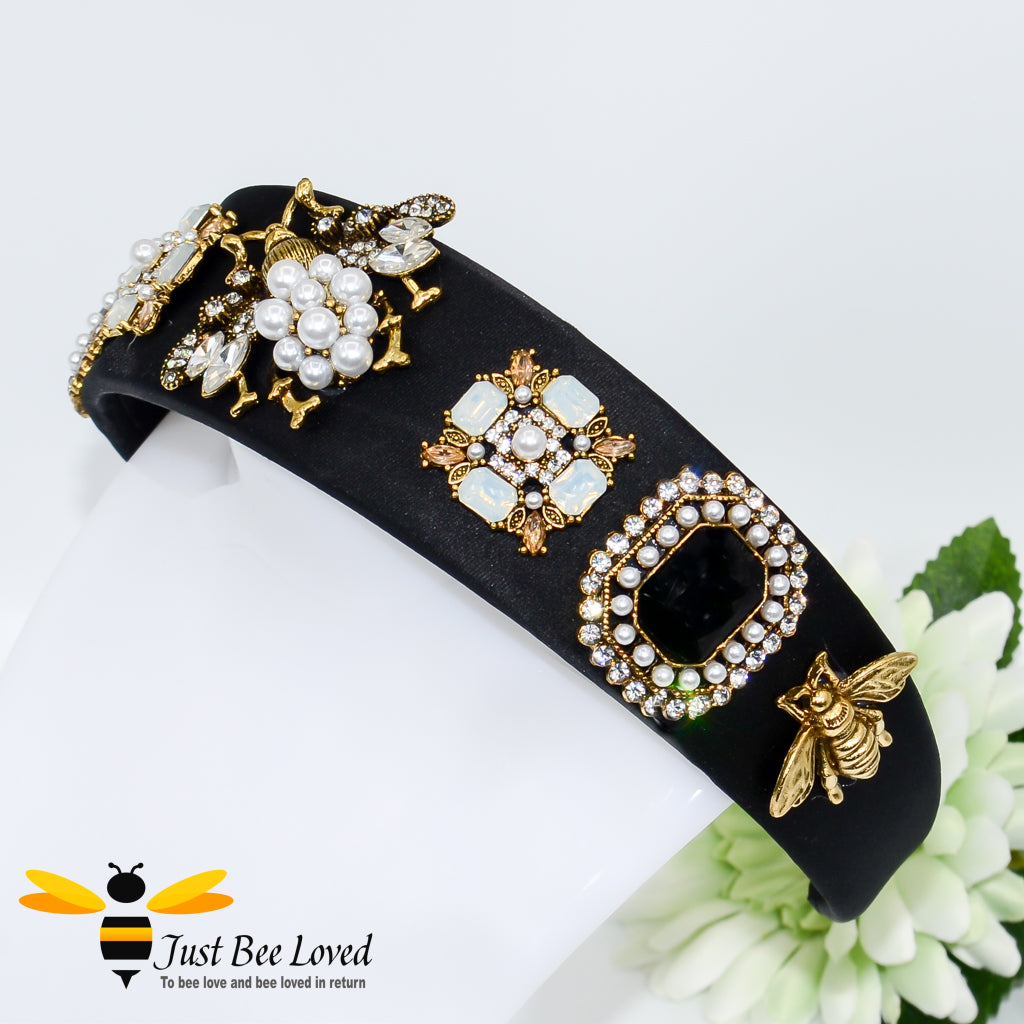 handmade baroque black velvet headband embellished with rhinestone crystals, pearls and golden bees