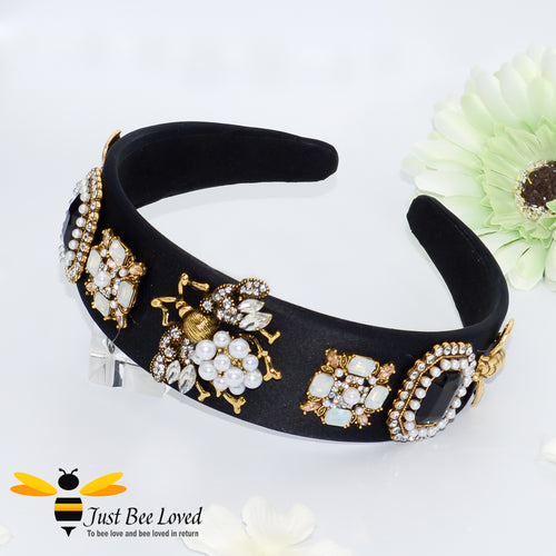 handmade baroque black velvet headband embellished with rhinestone crystals, pearls and golden bees