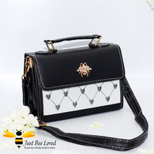 Load image into Gallery viewer, Crystal gold bee embellished small pu leather handbag with embroidery patterned love hearts in black colour